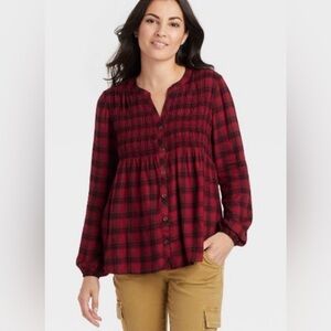 ~New~ Knox Rose Babydoll Long Sleeves Button-Down Plaid Blouse Red/Black